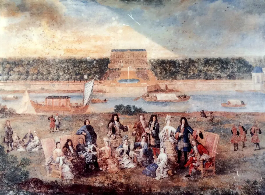 Vue du château de Choisy du côté des parterres et la famille de Louvois, gouache